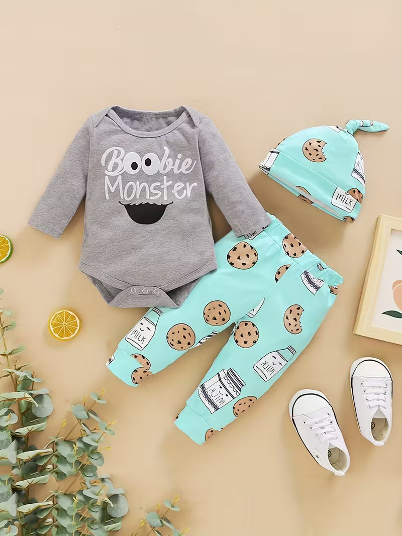 Little Monster 3-Piece Baby Set – Cozy Romper, Pants & Hat Outfit