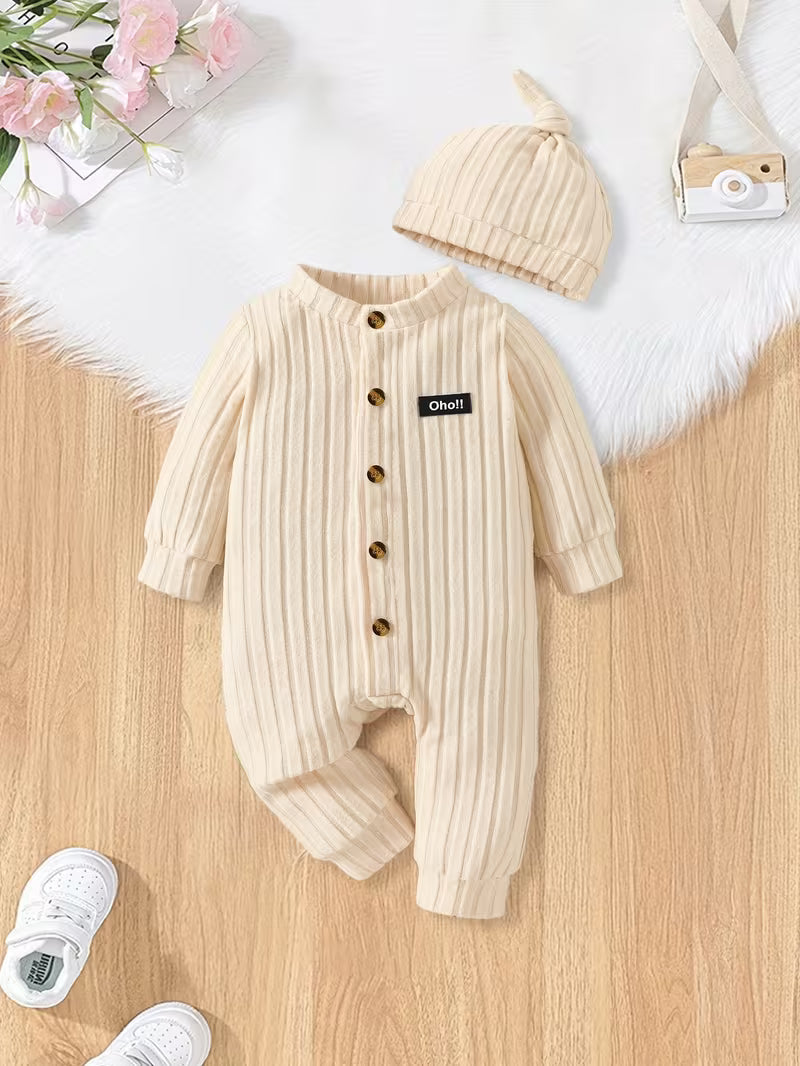 Little Gentleman 2-Piece Ribbed Romper Set with Beanie | Neutral Baby Boy Outfit