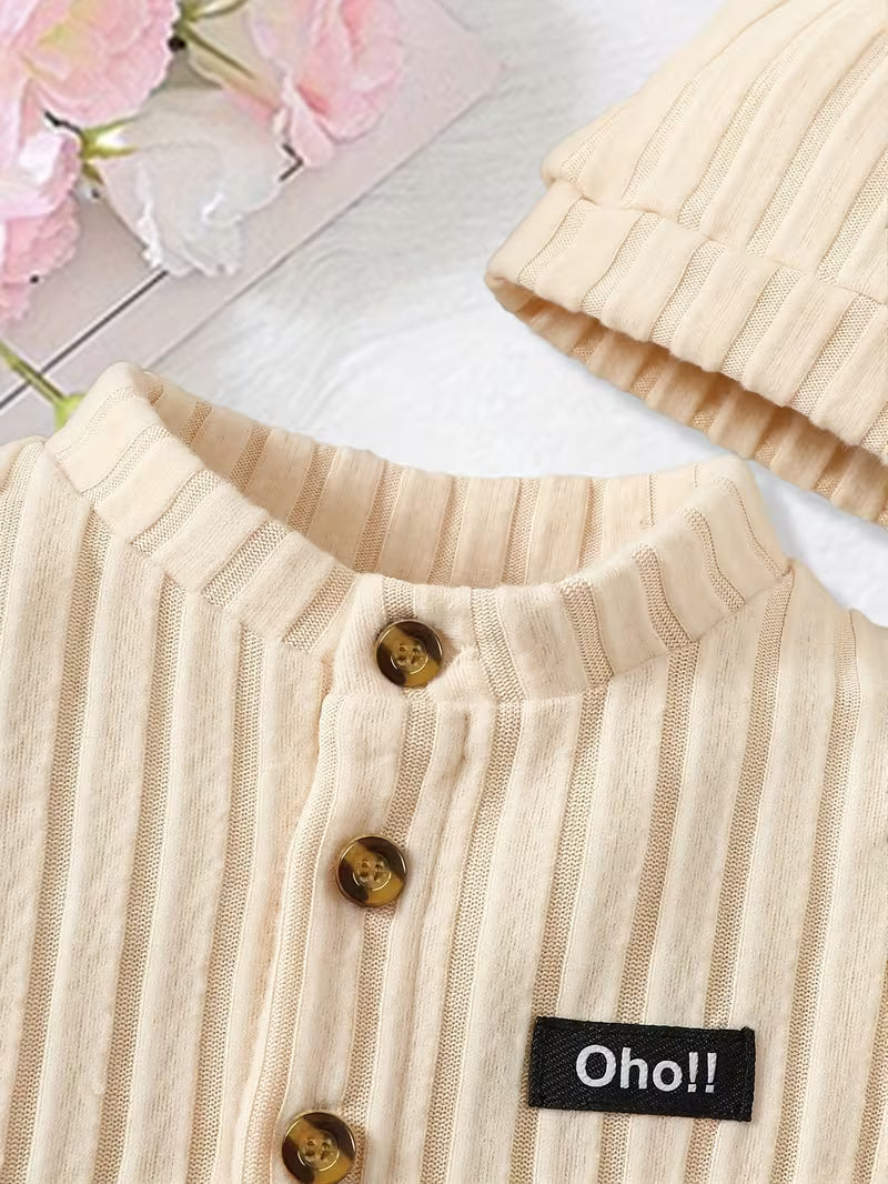 Little Gentleman 2-Piece Ribbed Romper Set with Beanie | Neutral Baby Boy Outfit