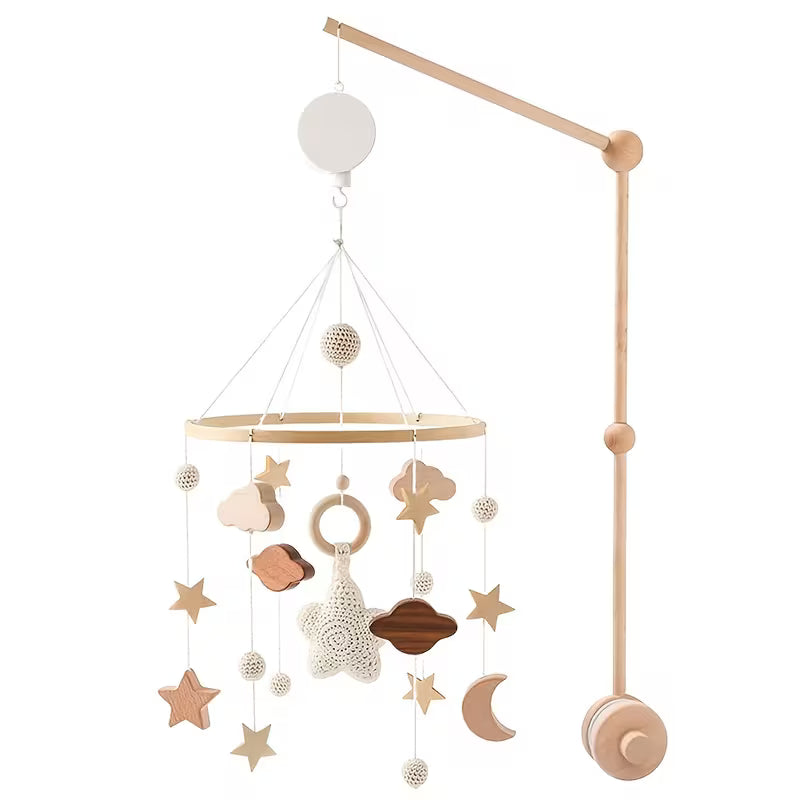 Boho Wooden Baby Crib Mobile – Neutral Stars, Clouds & Moon Nursery Decor