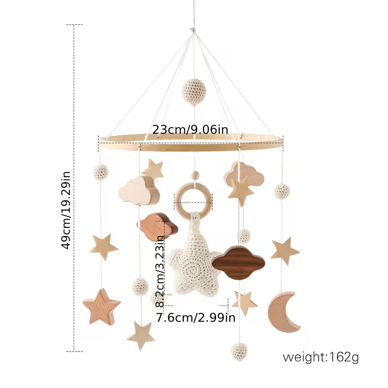 Boho Wooden Baby Crib Mobile – Neutral Stars, Clouds & Moon Nursery Decor