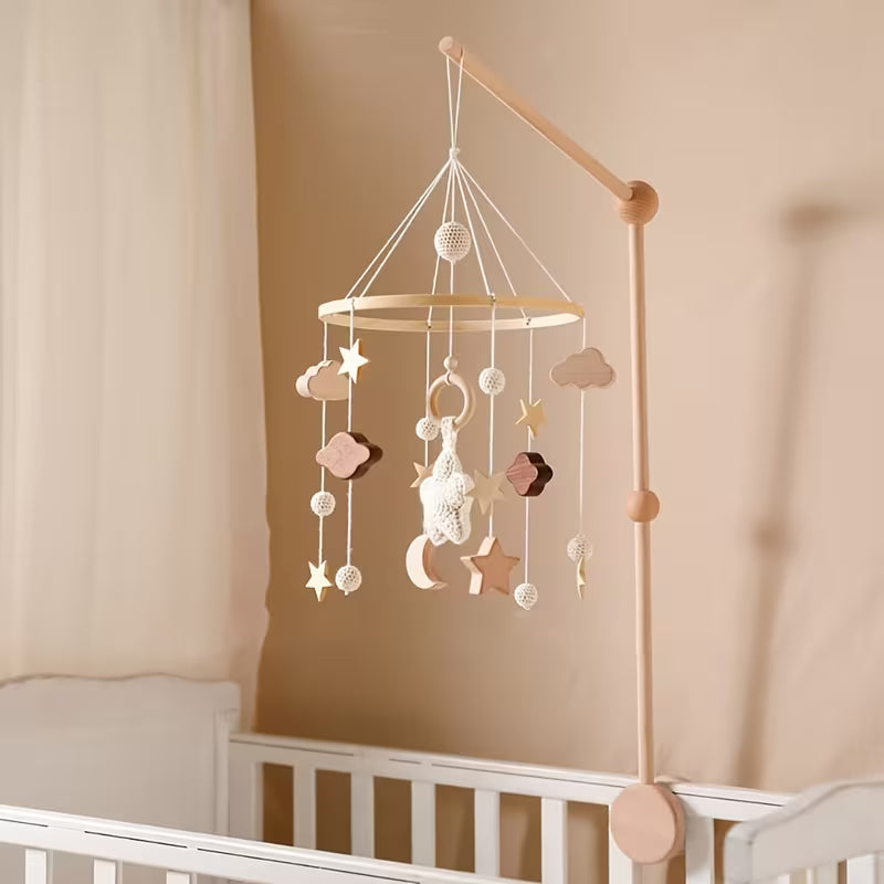 Boho Wooden Baby Crib Mobile – Neutral Stars, Clouds & Moon Nursery Decor