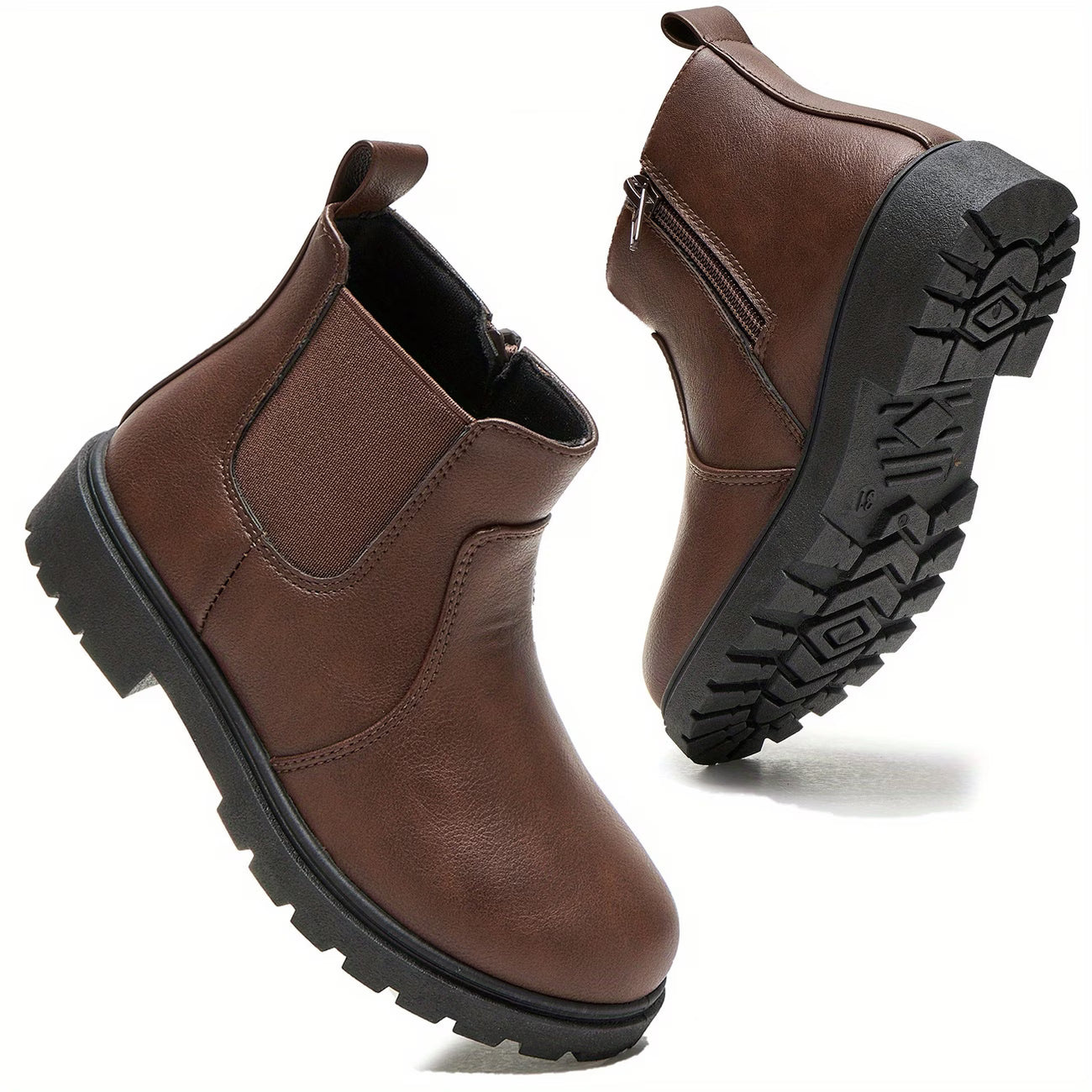 Pair of brown leather boots with black soles 