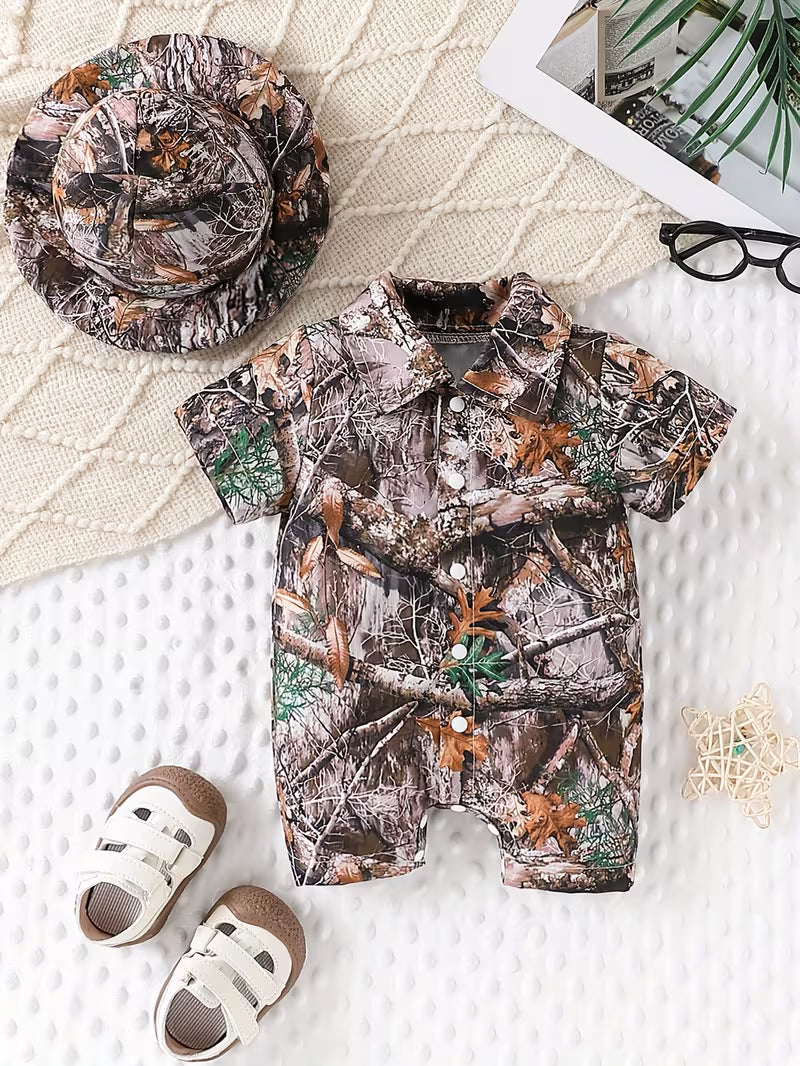 Little Explorer Camo Set 🍃 – 3D Nature Print Romper & Hat