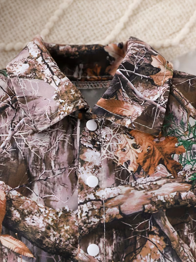 Little Explorer Camo Set 🍃 – 3D Nature Print Romper & Hat