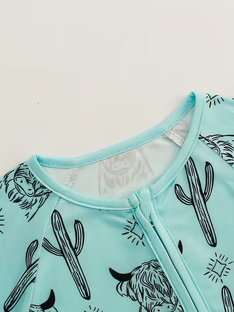 🐂 WildWest™ Boys Double-Zip Long Sleeve Romper – Light Green