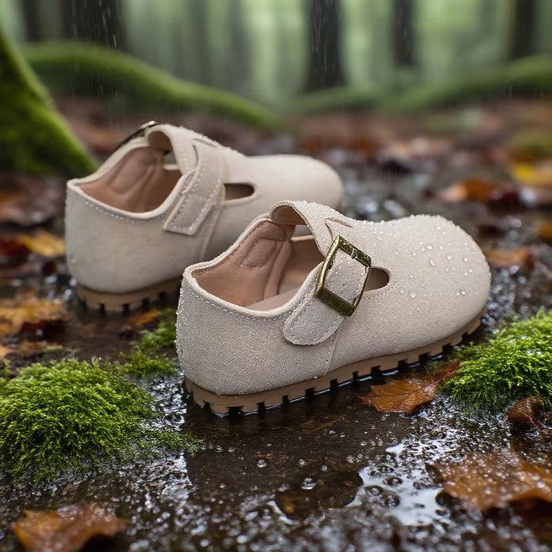 Pair of beige children's shoes with a buckle on a wet forest floor.