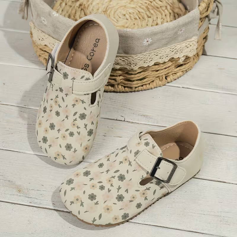 Vintage Floral Girls Mary Jane Flats | Soft Beige Boutique Comfort Shoes