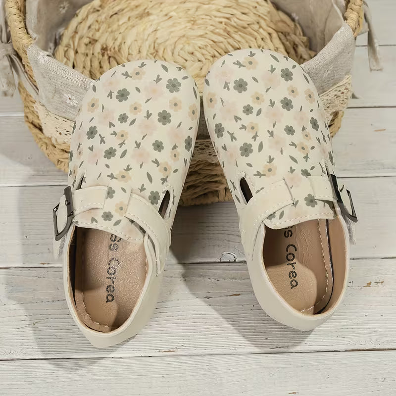 Vintage Floral Girls Mary Jane Flats | Soft Beige Boutique Comfort Shoes