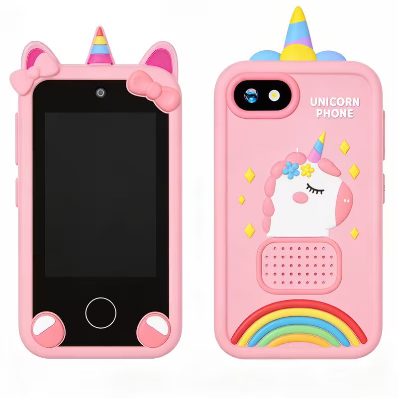 Pink unicorn SMART phone with case with rainbow and bow design on a white background