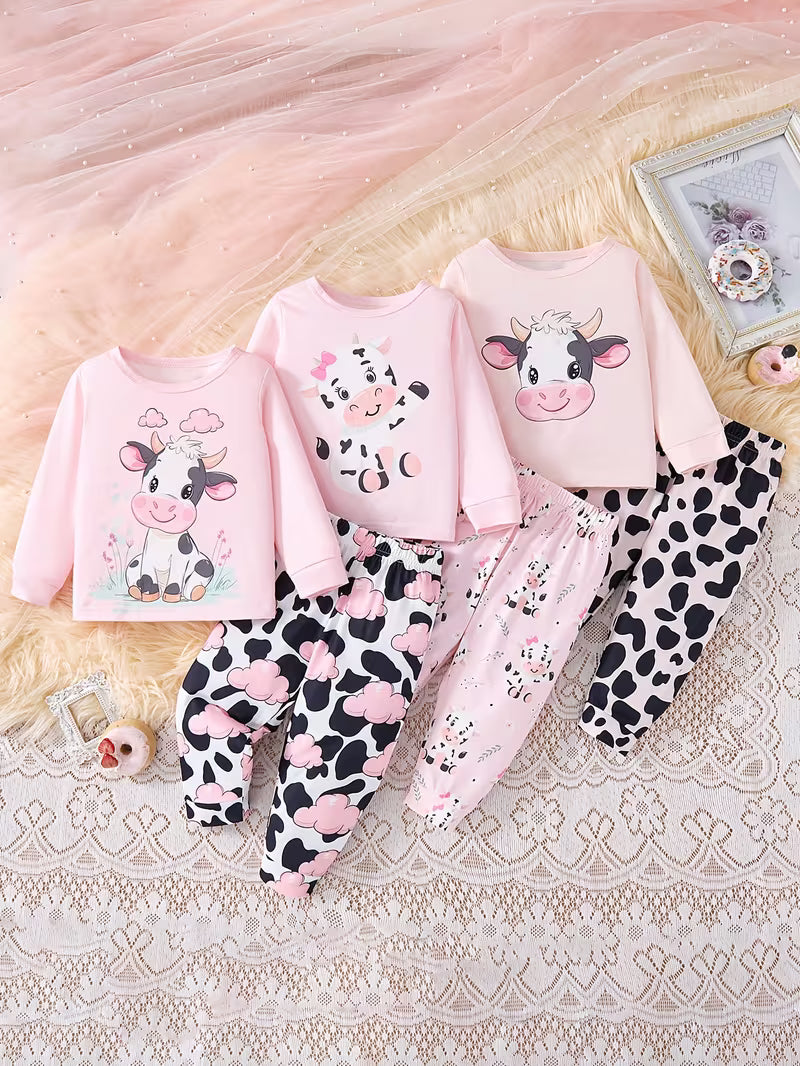 Adorable Pink Cow 6-Piece Pajamas Set – Soft & Cozy All-Season Wear for Little Girls